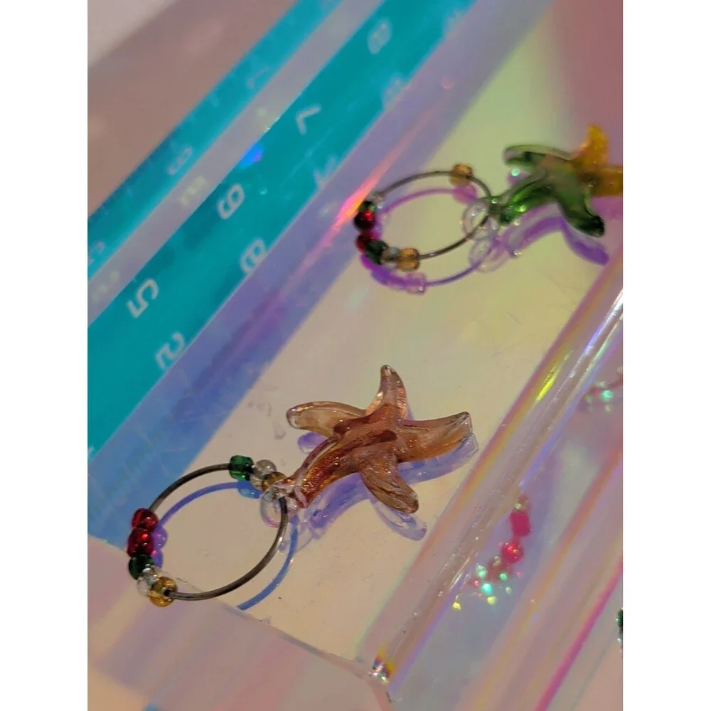 Vintage Glass Starfish Wine Glass Charms Set of 6 Multicolor Coastal Beaded